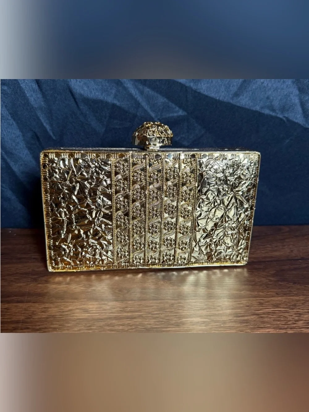 Ramla Ayra Gold Jeweled Evening Clutch - Elegant Crystal & Pearl Detail